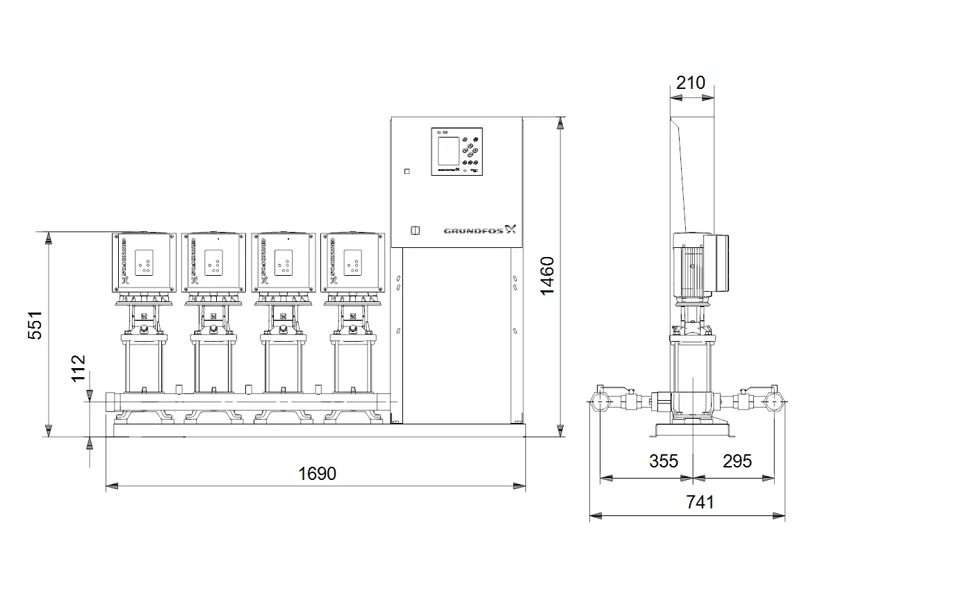 Druckerhöhungsanlage von Grundfos mit vier Pumpen und Steuerungseinheit, dargestellt in Seitenansicht mit Abmessungen und Anschlüssen.